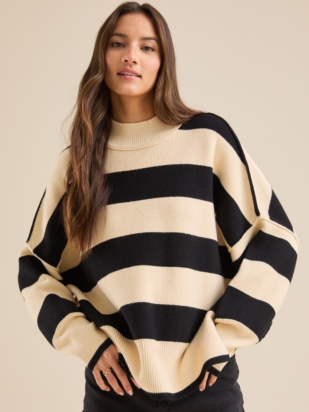 Altar'd State Lydia Striped Mockneck Sweater Black Cream Oversized Ribbed Sz S